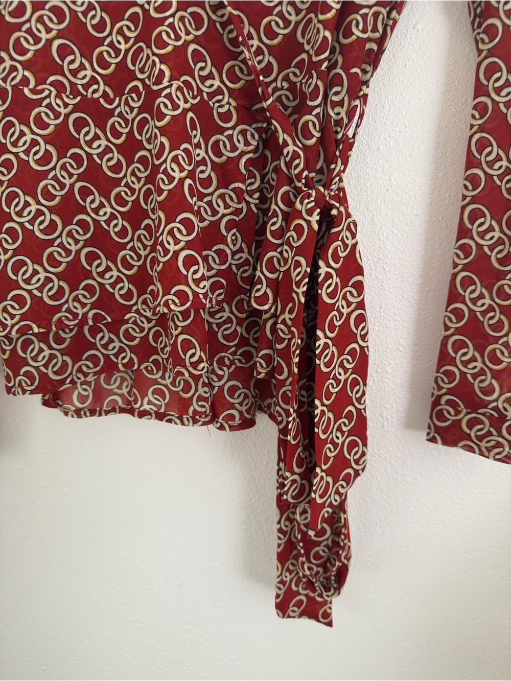 Cabi Burgundy Wrap Blouse with Chain Motif - Picture 5 of 8
